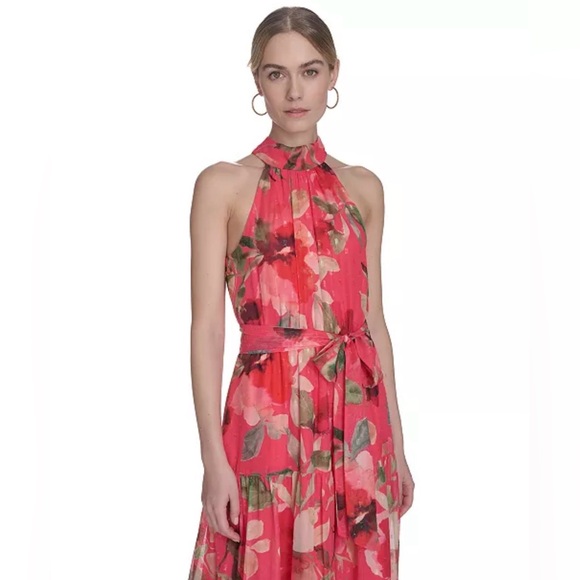 Eliza J Women's Floral Printed Sleeveless Tie-Waist Chiffon Halter Gown 4 New - Picture 3 of 8